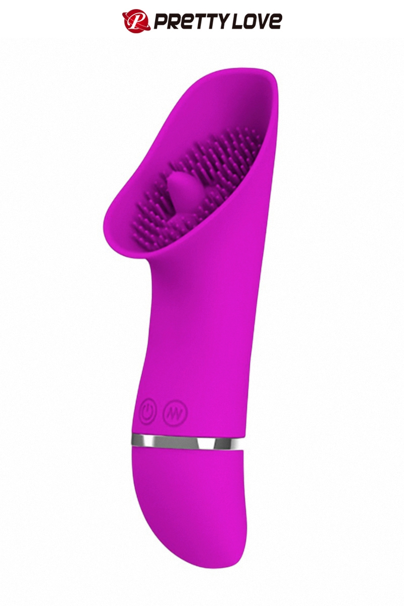 stimulateur clitoridien à tâte large, munis de picots stimulants et d'une langue vibrante à sa base, sextoy violet fuchsia