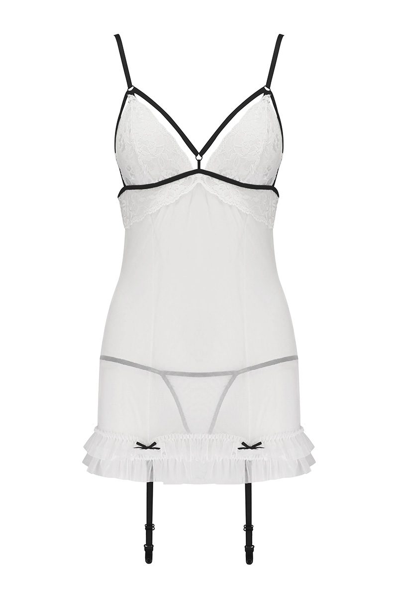 Nuisette blanche à jarretelles Orihime lingerie sexy de nuit en dentelle et en tulle transparent - oohmygod