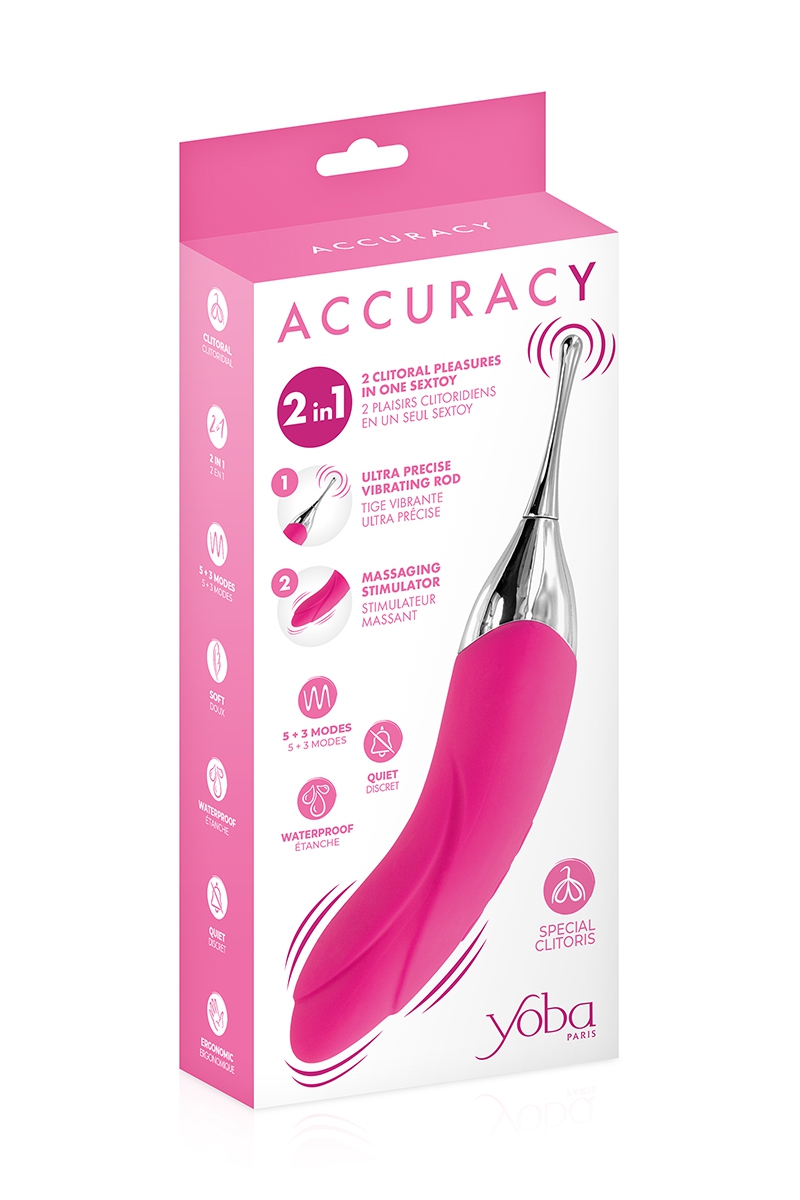 Boite du vDouble stimulateur 2 en 1 Accuracy fuchsia de la marque Yoba vendu chez oohmygod