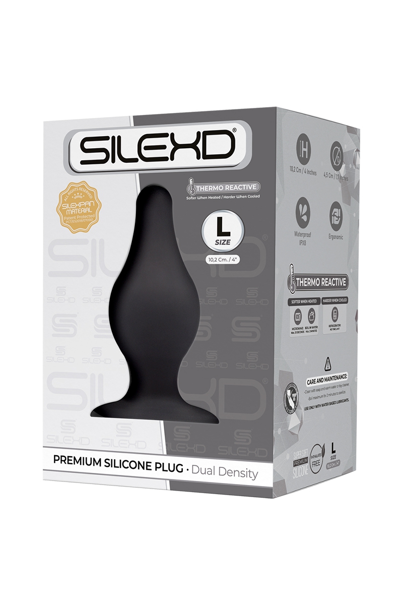 Boite du plug de la marque SilexD, Plug anal à mémoire de forme Modèle 2 taille L (10,2 x 4,5cm - oohmygod