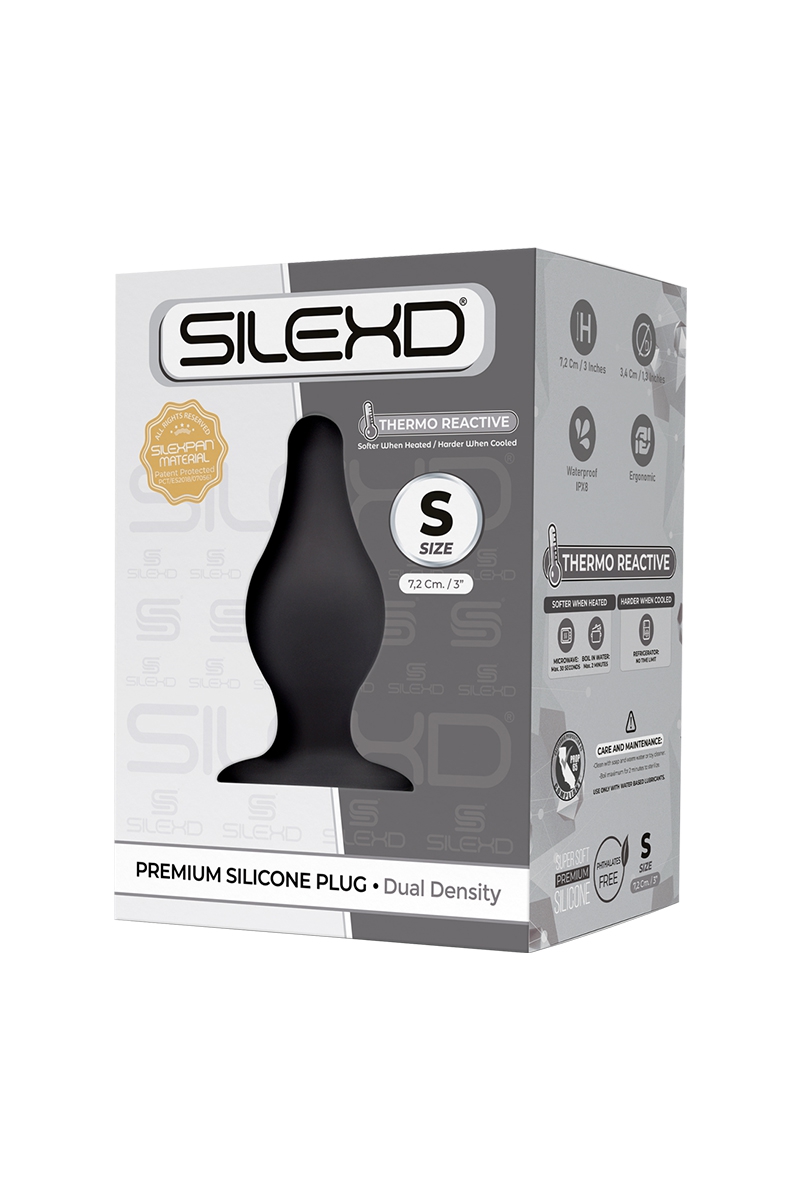 Boite du Plug anal à mémoire de forme Modèle 2 taille S de SilexD, plug anal doux et flexible en forme de poire - oohmygod