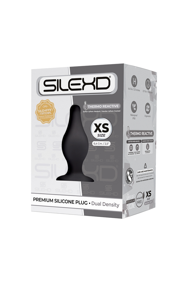 Boite du plug anal de la marque SilexD, Plug anal à mémoire de forme Modèle 2 taille XS, plug thermo-réactif à mémoire de forme - oohmygod