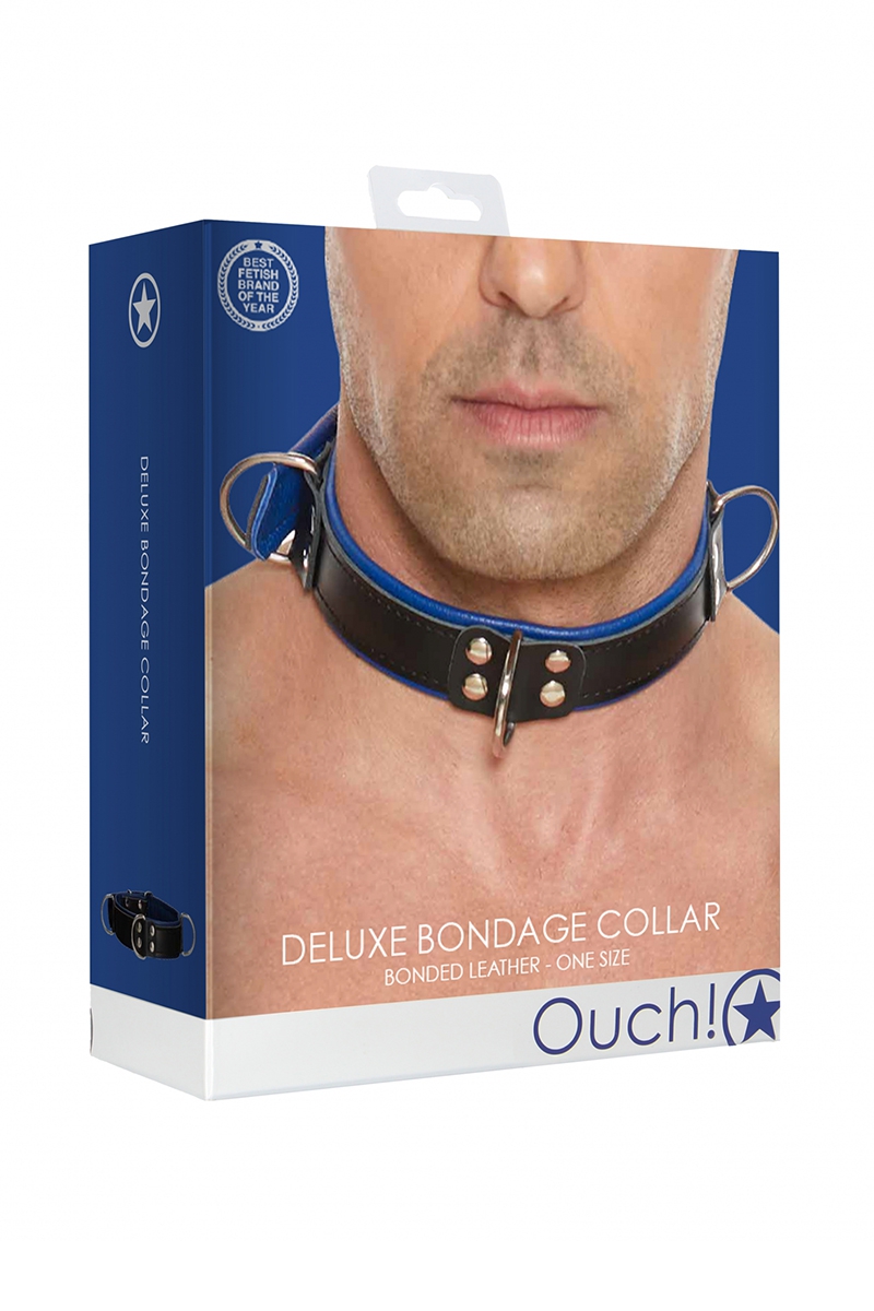 Boite du collier coquin de la marque Ouch, Collier Bondage Deluxe bleu et noir, collier ras de cou réglable pour homme ou femme - oohmygod