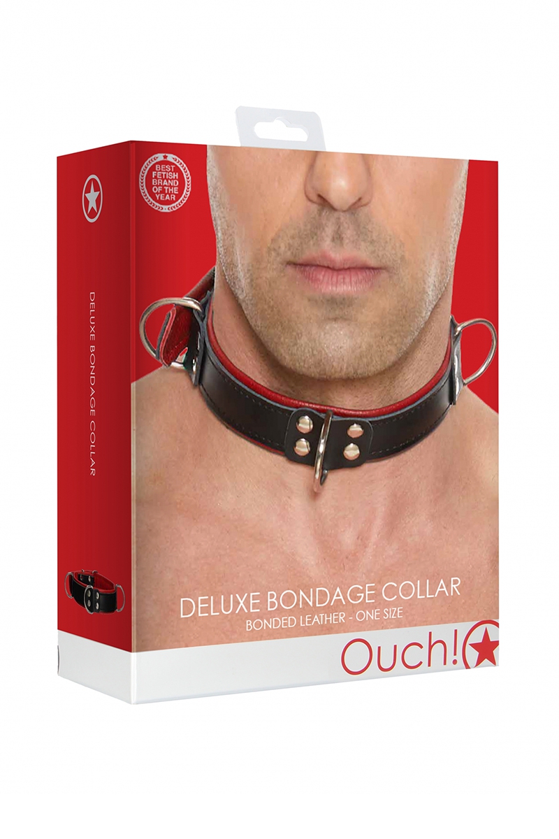 Boite du Collier Bondage Deluxe rouge et noir, collier BDSM coquin réglable - oohmygod