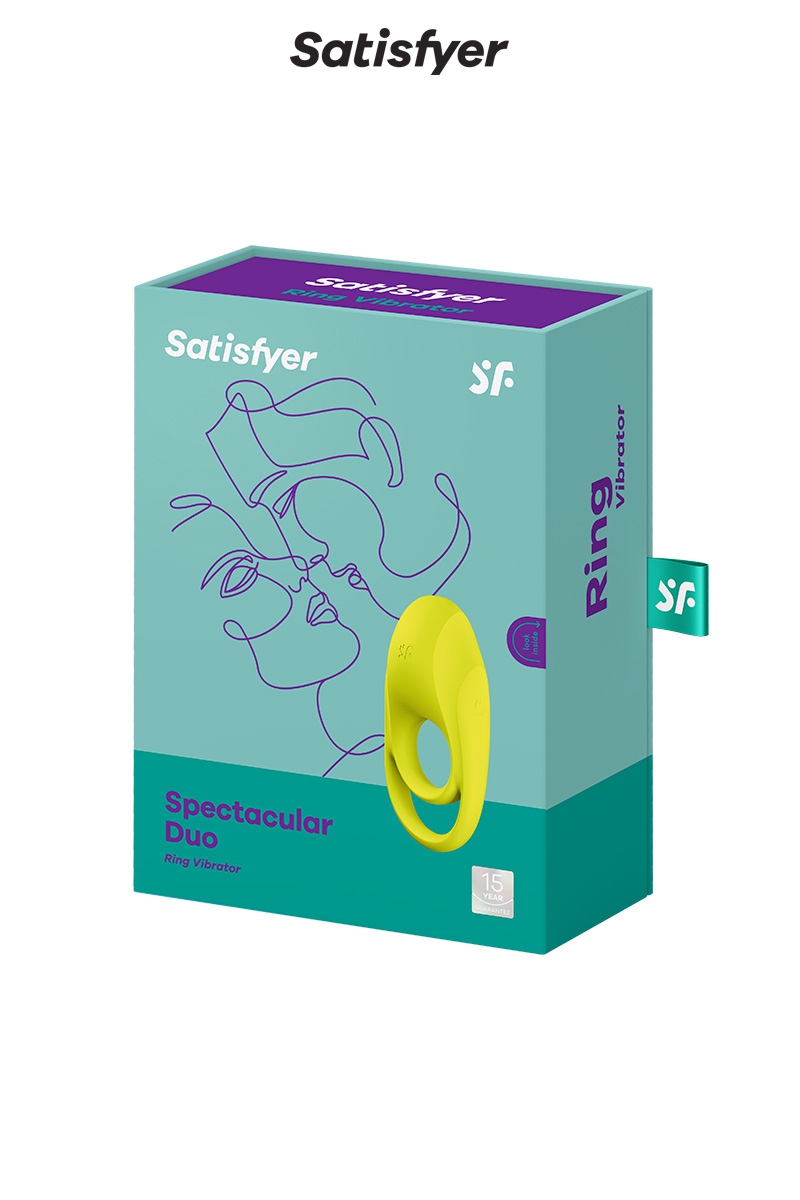 Boite du cockring de la marque Satisfyer, Cockring vibrant Spectacular duo, anneau de pénis vibrant pour couple - oohmygod