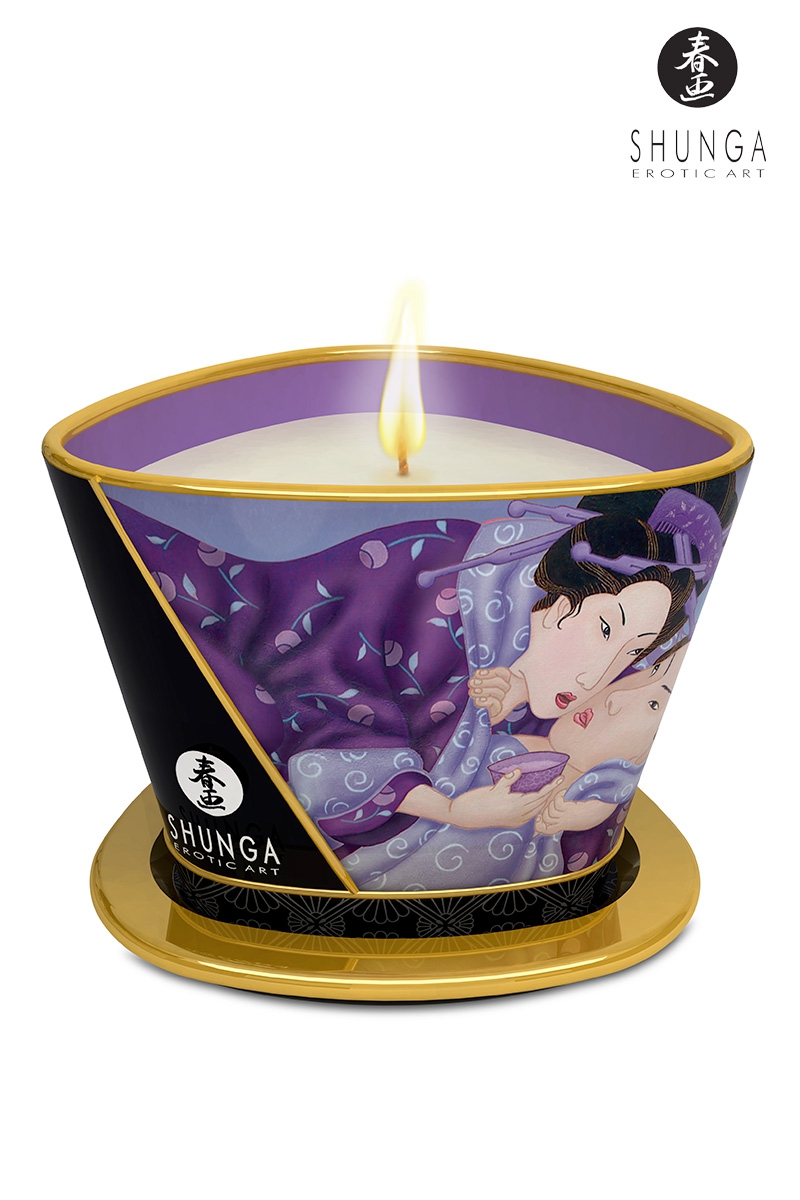 Bougie de massage érotique et sensuelle de la marque Shunga, Bougie spéciale massage parfum Fruits Exotiques 170ml, texture douce et parfumée, disponible chez oohmygod