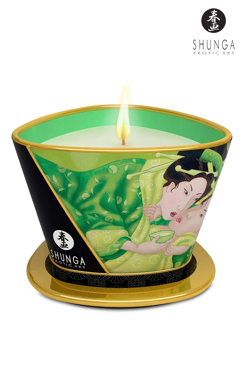 Bougie de massage de la marque Shunga, Bougie spéciale massage parfum Thé vert, 170ml, bougie dont la cire se transforme en huile de massage douce et soyeuse - oohmygod