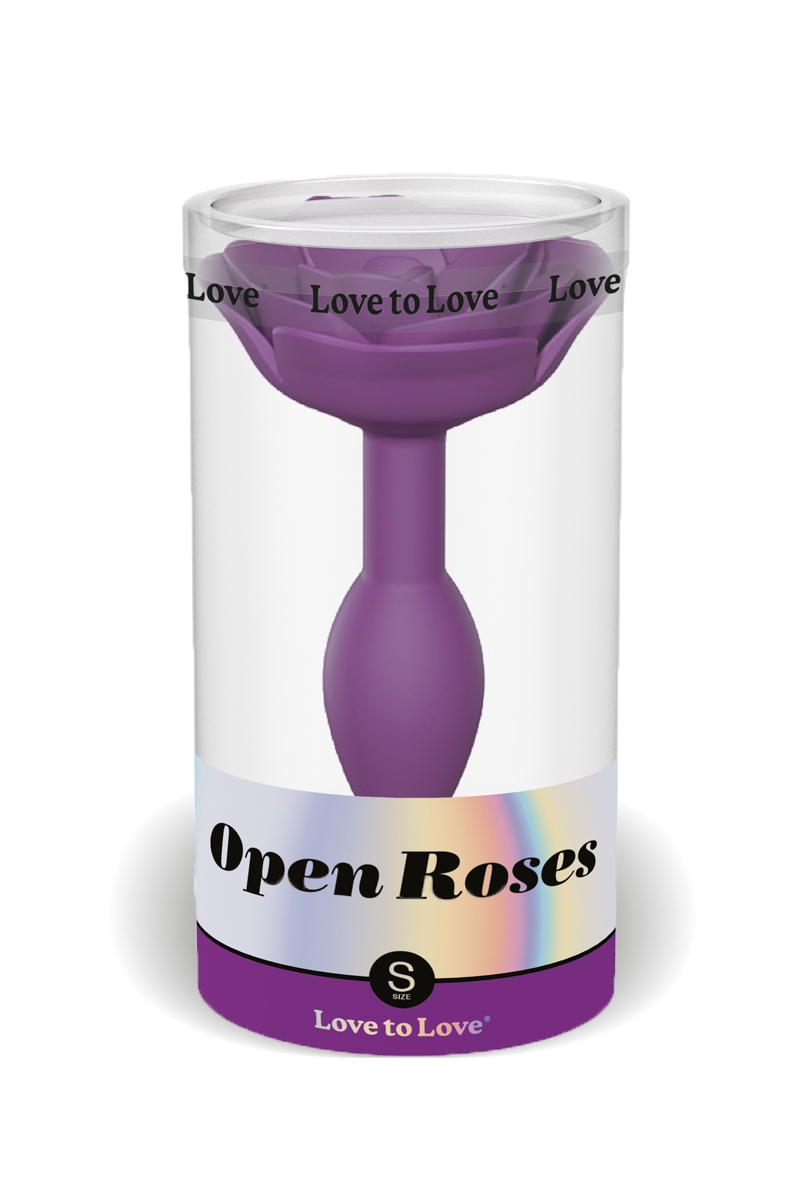 Boite du plug taille S de la marque Love to Love, Plug anal violet Open Roses taille S 11x3cm - ooh my god