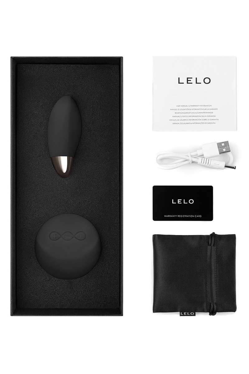 Boite et accessoires du sextoy Lelo, Oeuf vibrant télécommandé Lyla 2 Noir, oeuf vibrant de haute qualité doté de la technologie SenseMotion - Ooh my god