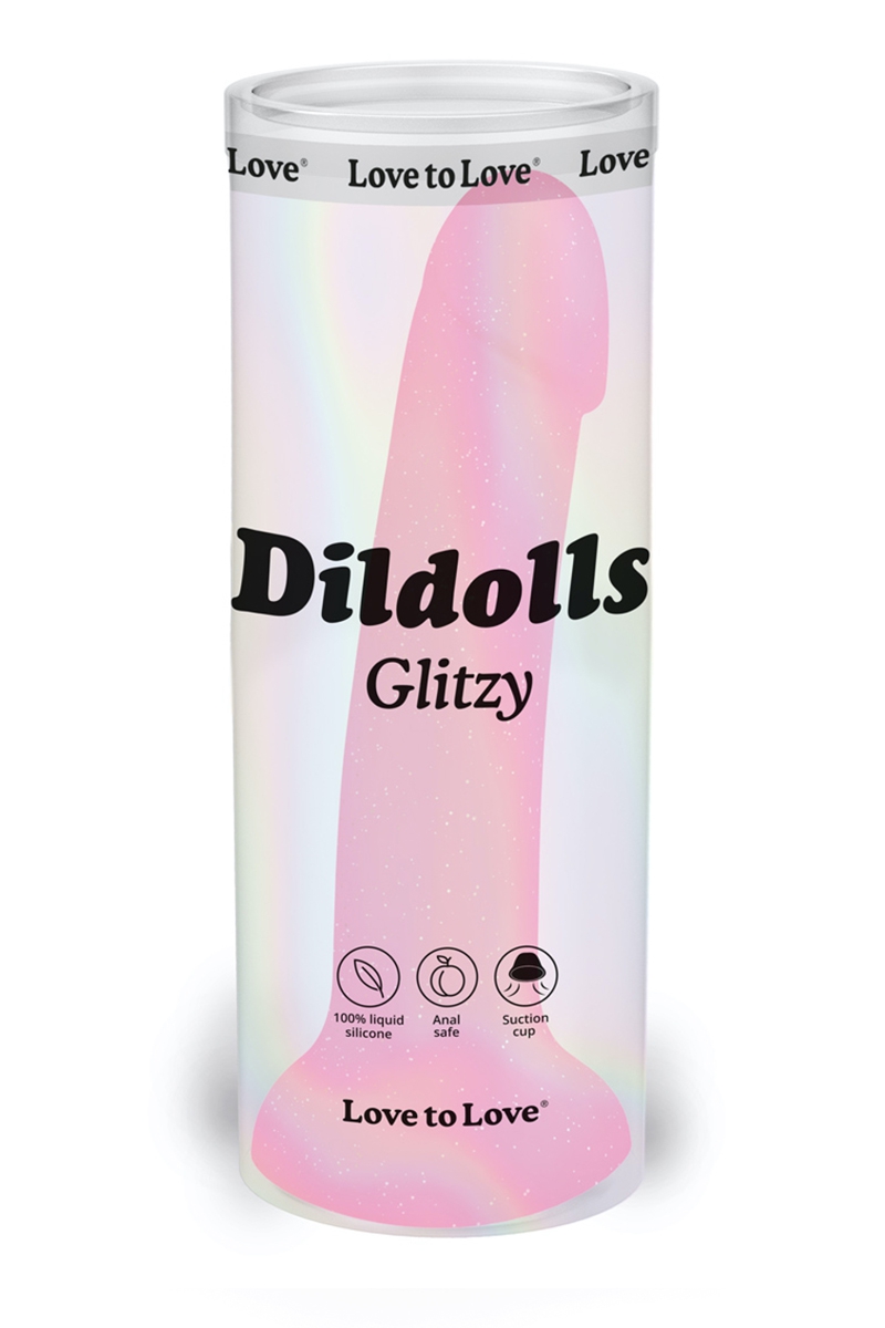 Boite du Gode rose à paillettes Dildolls Glitzy Love to Love, godemiché adaptable sur harnais compatible, 14 x 3,6cm - ooh my god