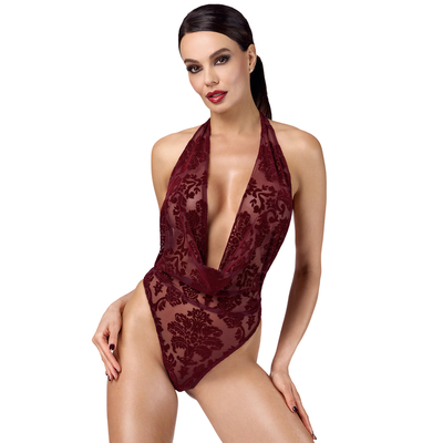 vu de face porté Body transparent sexy en tulle bordeaux floqué Noir Handmade - Ooh My God