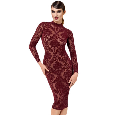 Robe midi transparente bordeaux F384 Noir Handmade vu de face porté dans la boutique Ooh My God