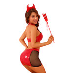 Bustier en vinyle rouge et noir du costume Evil Sexy J Lingerie, détail des matériaux et coupe sexy chez ooh my god