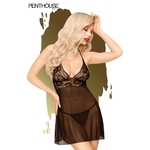 Nuisette Bedtime Story couleur noire de la marque Penthouse, fabriquée en voile transparent et en dentelle, sans armatures, string fourni - oohmygod