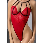 photo vue de devant du Body ouvert en tulle et dentelle rouge Akita Passion Lingerie, body sexy bi-matière coupe triangle - oohmygod