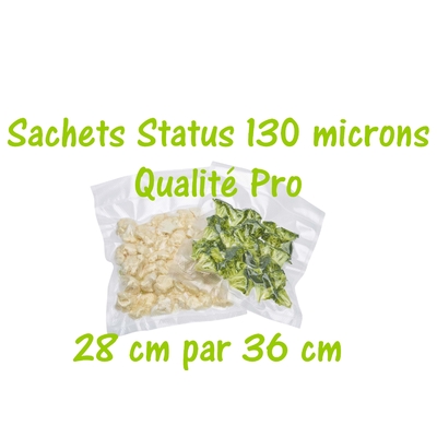 Paquet de 25 sachets sous vide 28 cm (ouverture) x 36 cm. Prix dégressifs jusqu'à -20%. Top qualité : 100/130 microns. 100% compatible avec toutes les machines (Reber, Status, Foodsaver, Orved, silvercrest, Vacsy, FoodVac, sico...).