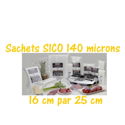 Paquets 50 sachets sous vide SICO 16 cm par 25 cm. Top qualité : 140/140 microns. 100% compatible avec toutes les machines (sico,Reber, Status, Foodsaver, Orved, Figuine, Takaje, Vacsy, FoodVac...).