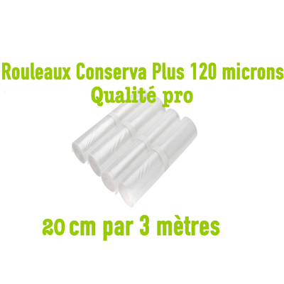 Rouleaux Gaufrés sous vide 20 cm x 3 mètres. Prix dégressifs. Top qualité professionnelle : 120/120 microns.Bénéficiez automatiquement de notre Programme de Fidélité !100% compatible avec toutes les machines (Reber, Status, Foodsaver, silvercrest.