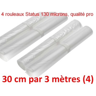 Lot de 4 rouleaux Gaufrés sous vide 30 cm x 3 mètres.Top qualité professionnelle : 100/130 microns. Programme de Fidélité ! 100% compatible avec toutes les machines (sauf barre de soudure < 30cm) ! (Reber, Status, Foodsaver, Orved, Silvercrest...)