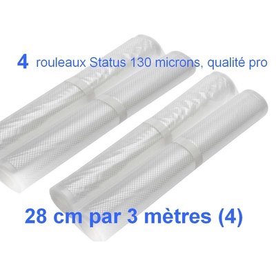 Lot de 4 rouleaux Gaufrés sous vide 28 cm x 3 mètres.Top qualité professionnelle : 100/130 microns.
Bénéficiez automatiquement de notre Programme de Fidélité !
100% compatible avec toutes les machines (Reber, Status, Foodsaver, Orved, Figuine, Taka