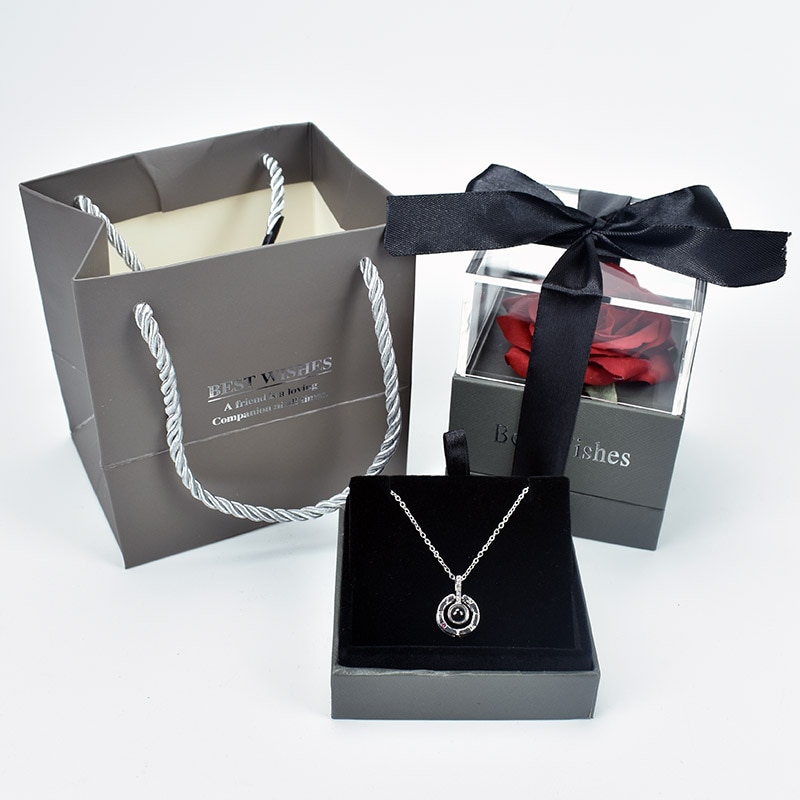 Coffret Cadeau Rose Éternelle + Collier Je t\'aime 100 Langues