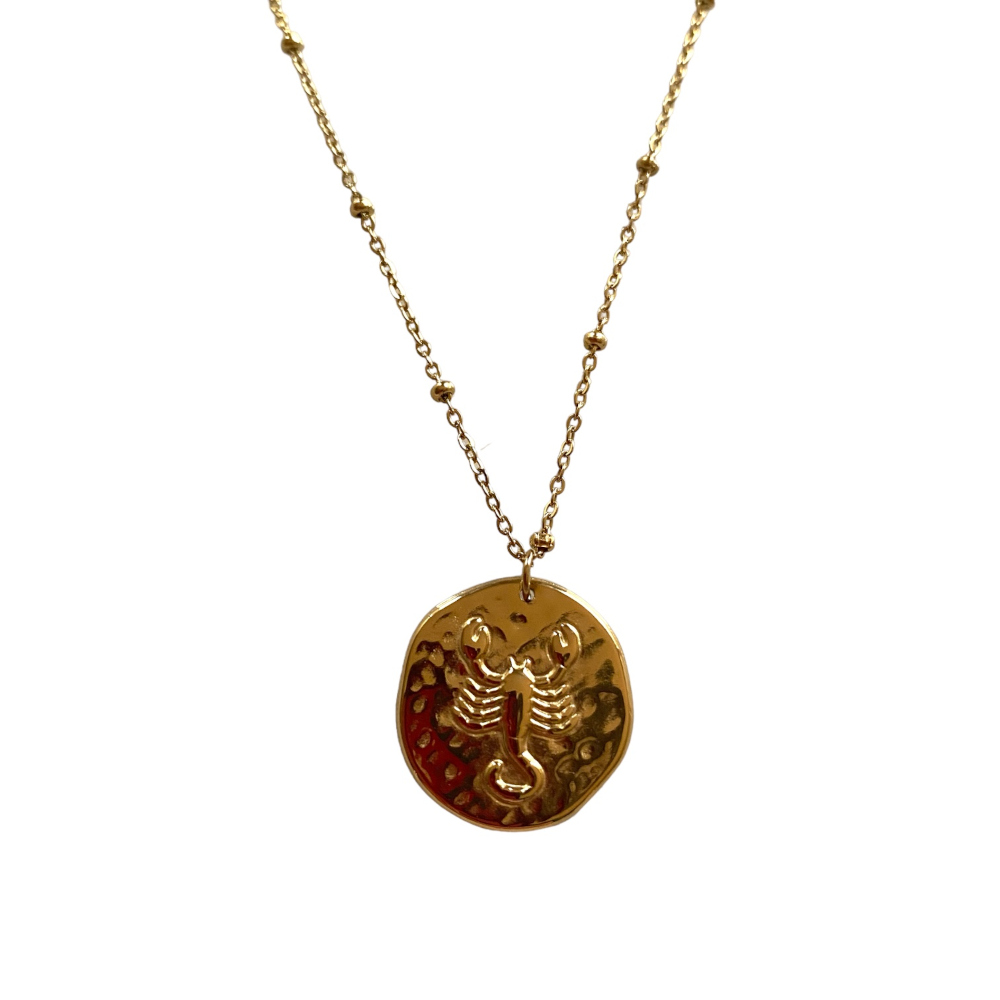 collier medaille relief avec un scorpion symbolisant le signe astrologique expose fond blanc