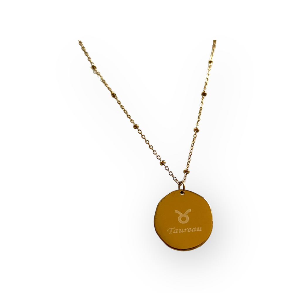 collier medaillon lisse au dos avec le signe astrologique taureau ecrit expose fond blanc