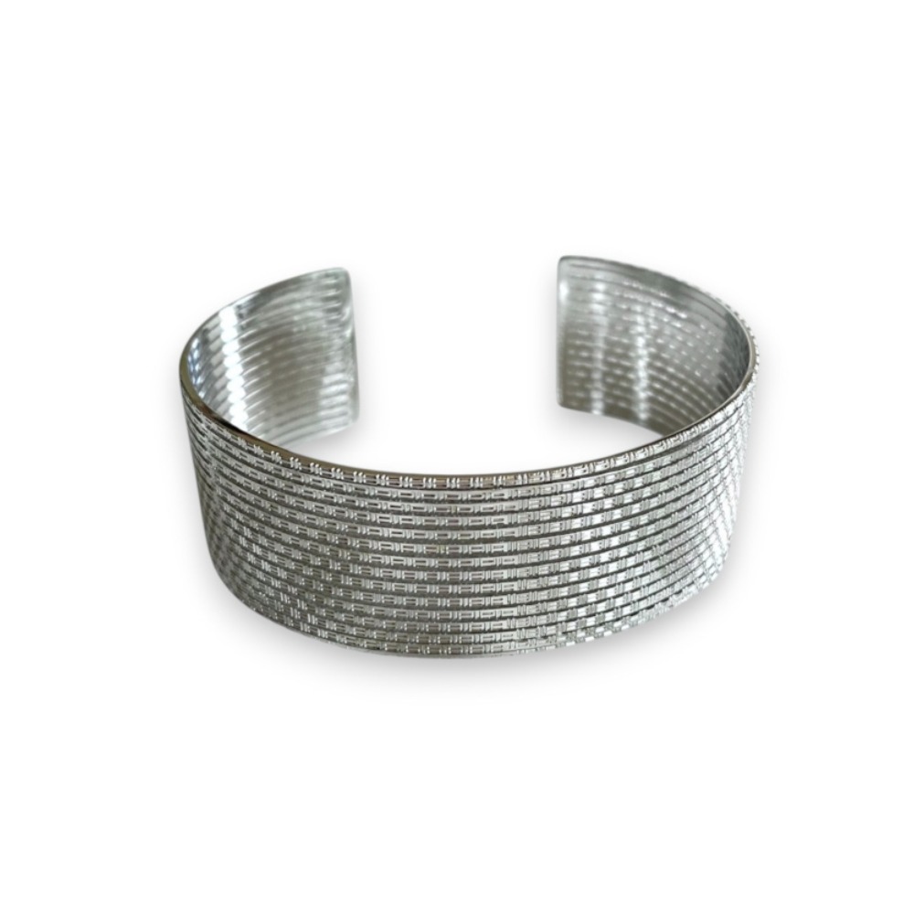 Bracelet Manchette Vintage En Acier/Métal Argenté - Ajustable - Rayures D'Usage