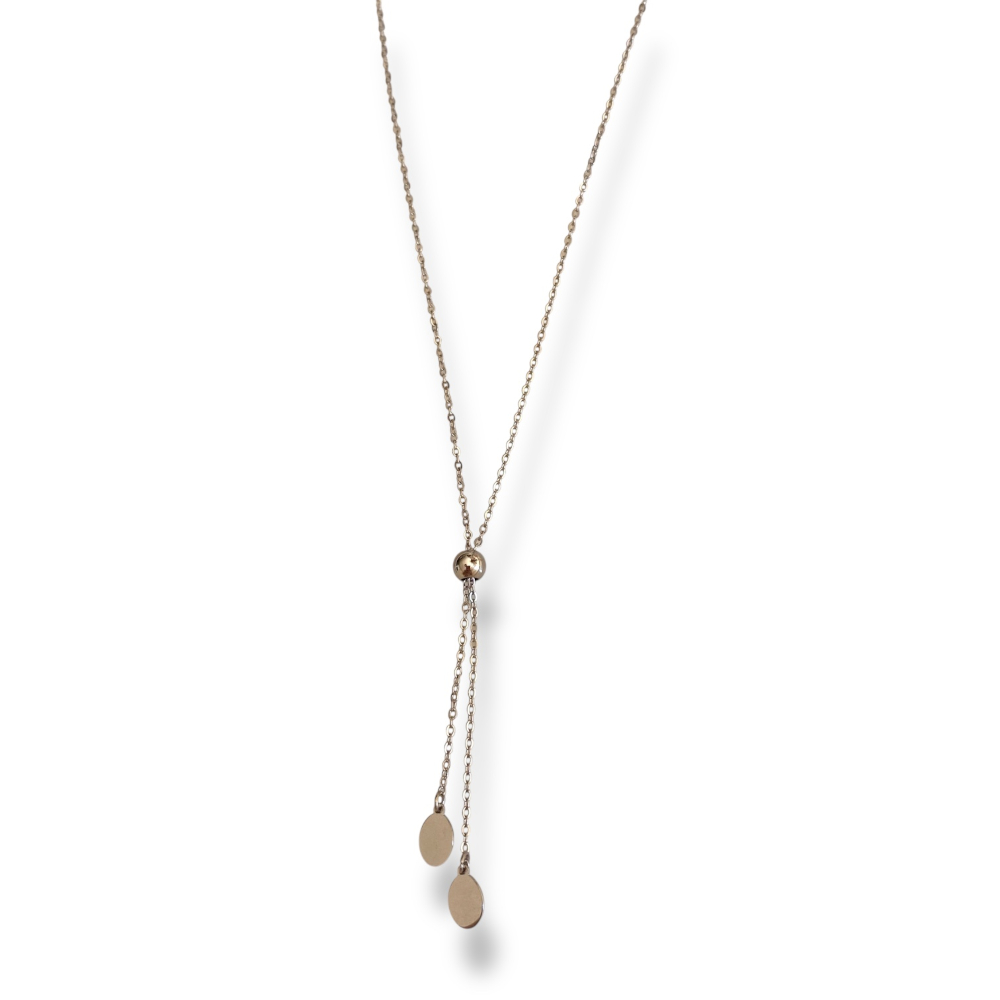 collier en y acier inoxydable avec perle a coulisser et pampilles plates expose fond blanc nola