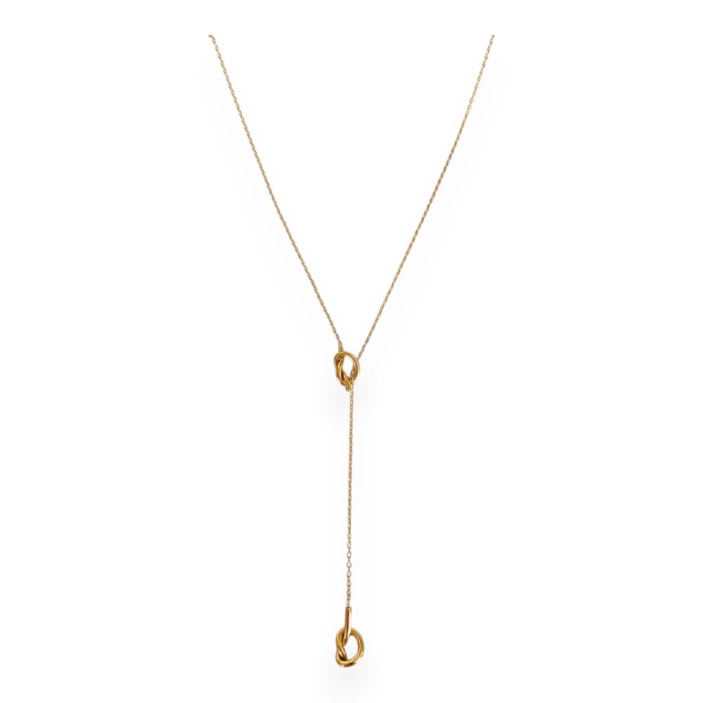 collier en y acier dore 2 pendentifs noeuds expose fond blanc sidonie
