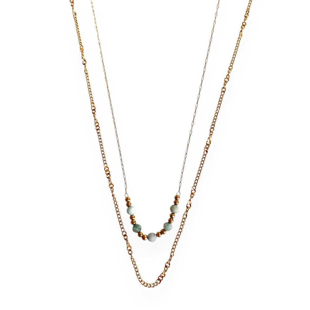 collier amazonite 2 rangées en acier inoxydable dore avec des perles vertes et dorees et mis en valeur sur fond blanc liora