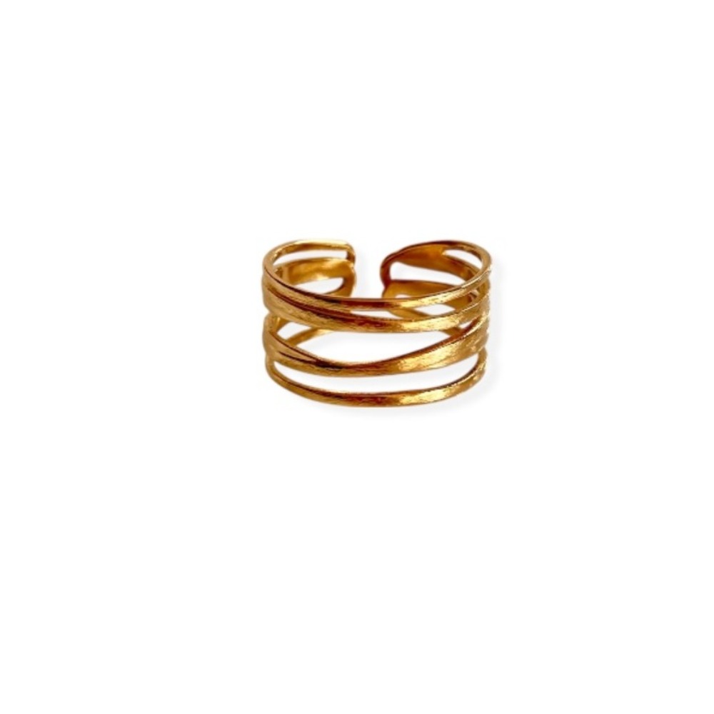 Bague multi anneaux en acier dore et ajustable mise en valeur sur fond blanc marguerite
