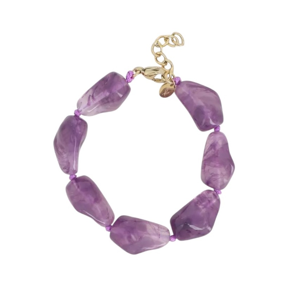Bracelet perles couleur gloria perles violettes et transparentes sur cordon réglable avec finitions acier doré
