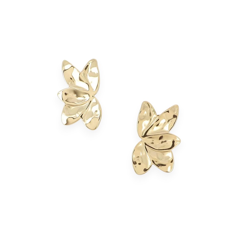 boucles d oreilles feuilles flore en acier dore texture motif feuille stylise bijou feminin chic et raffine expose sur fond blanc