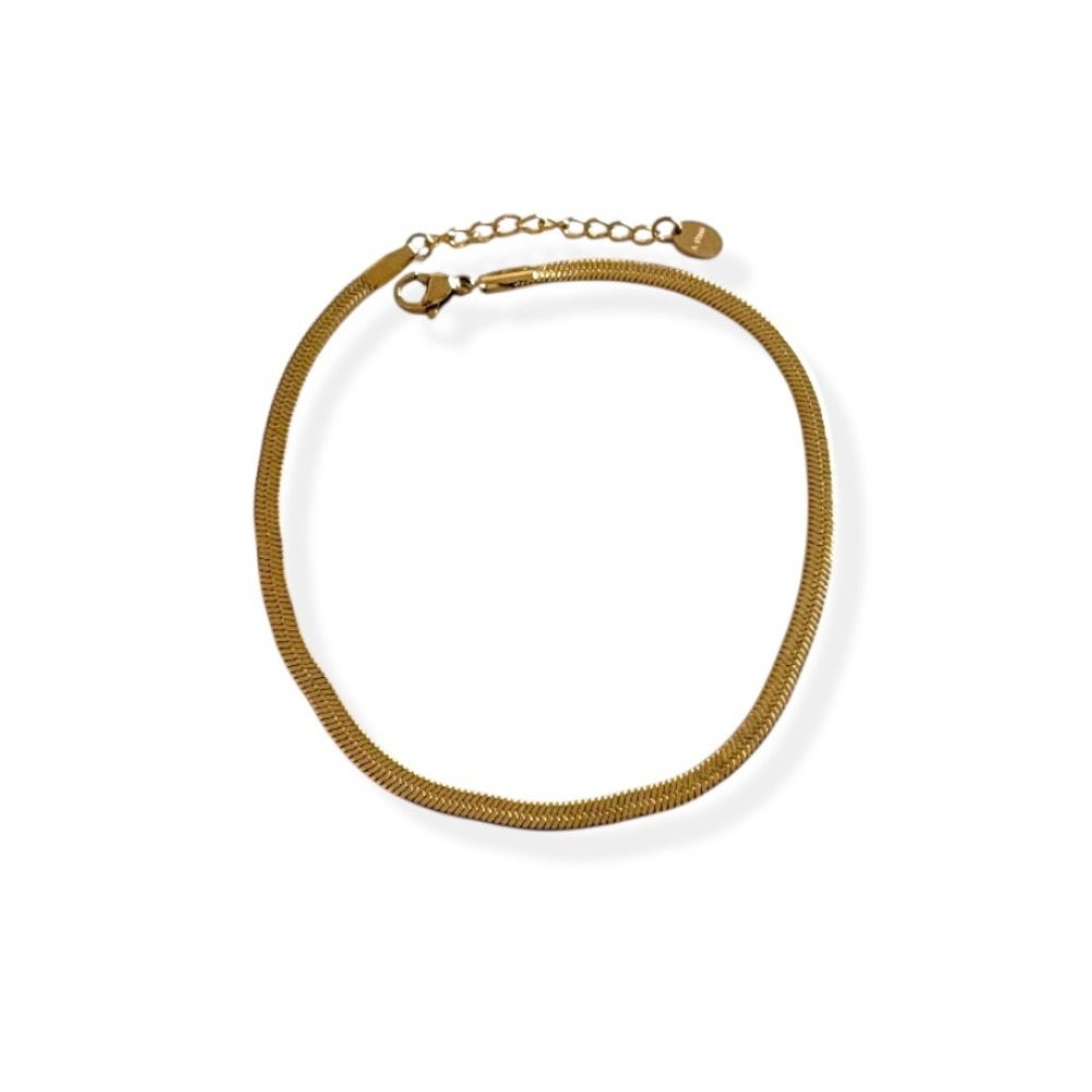 chaine de cheville acier inoxydable dore Marjorie maille miroir vue sur fond blanc