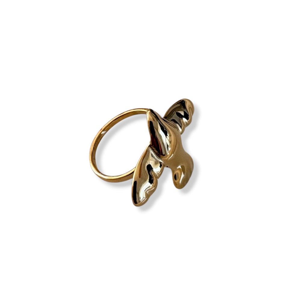 bague oiseau dorée luna en acier inoxydable vue en angle