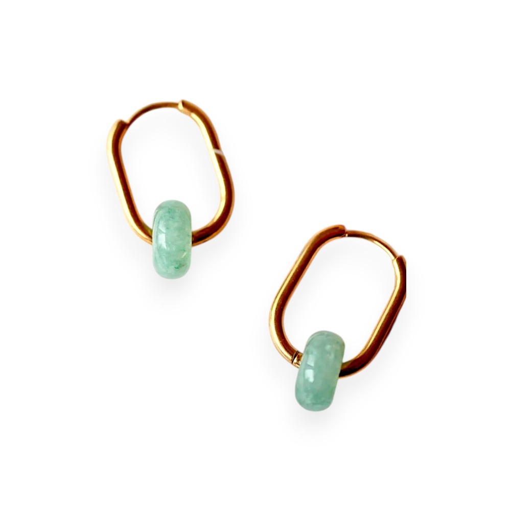 boucles d oreilles aventurine Elina créoles ovales dorées avec pierre naturelle ver d eau en acier inoxydable