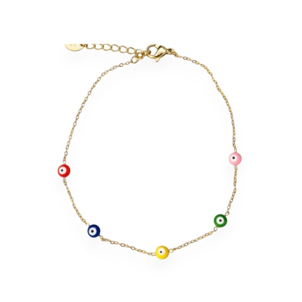 chaine pied oeil turc avec perles en émail colorées exposée sur fond blanc Clarisse