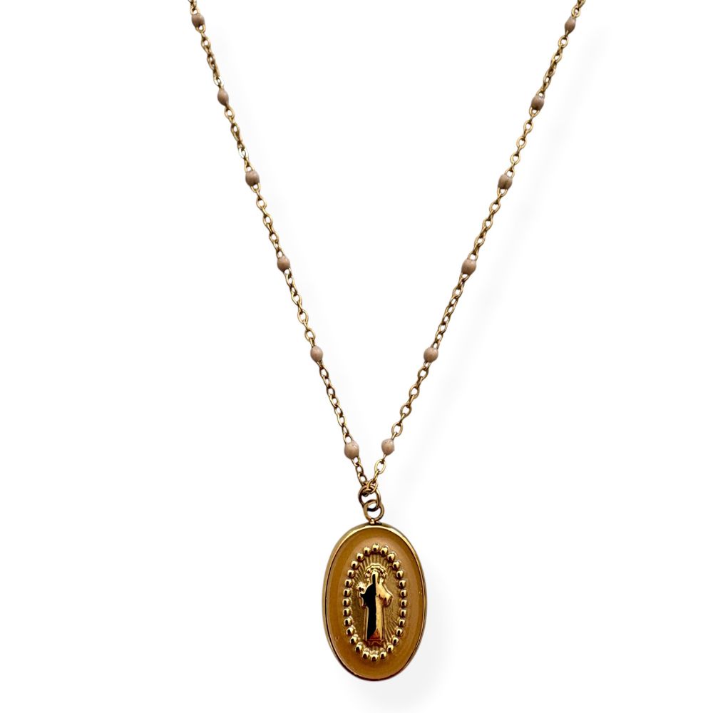 collier Vierge Marie doré avec chaine ornée de petites perles émaillées beige
