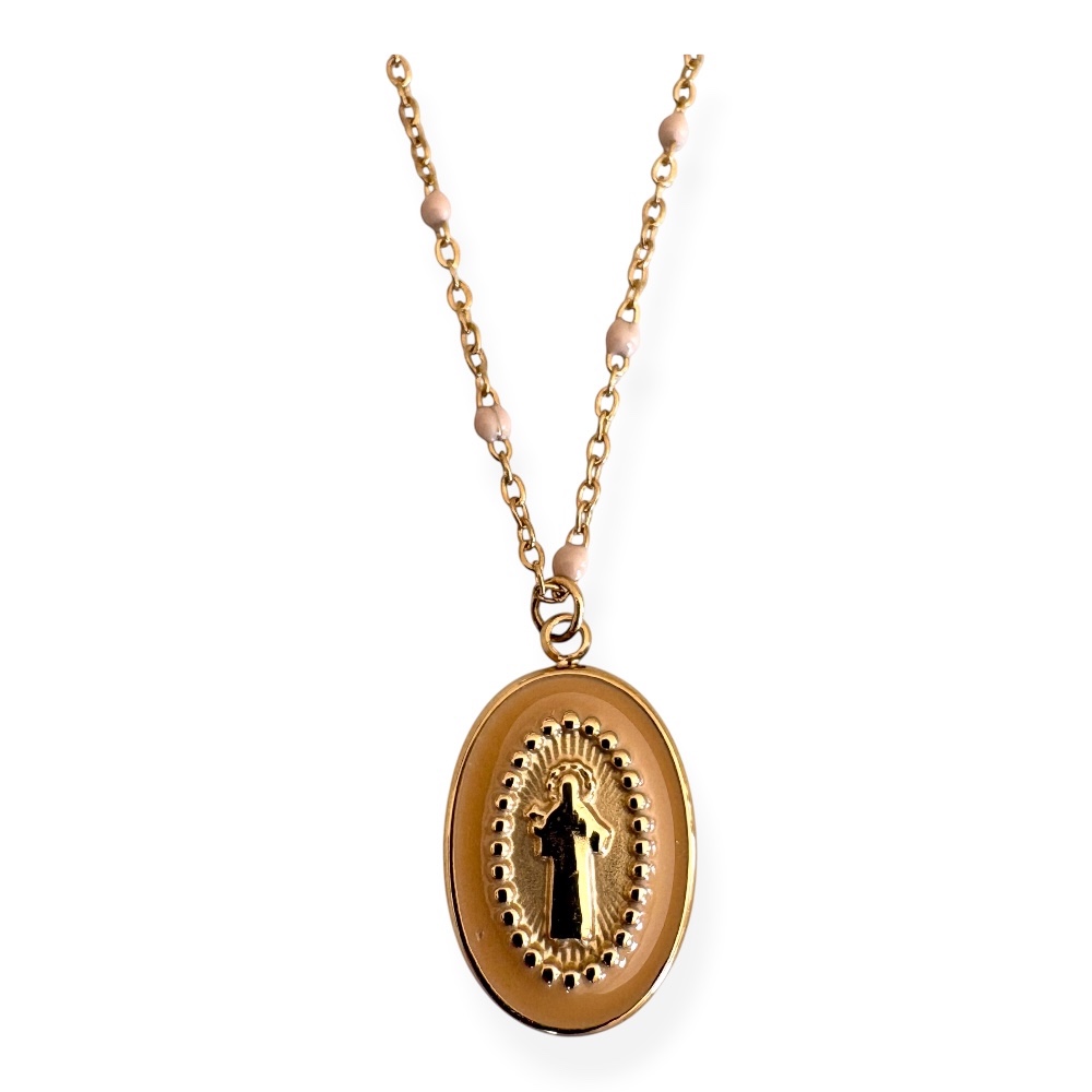 pendentif Vierge Marie doré avec médaillon ovale en émail beige