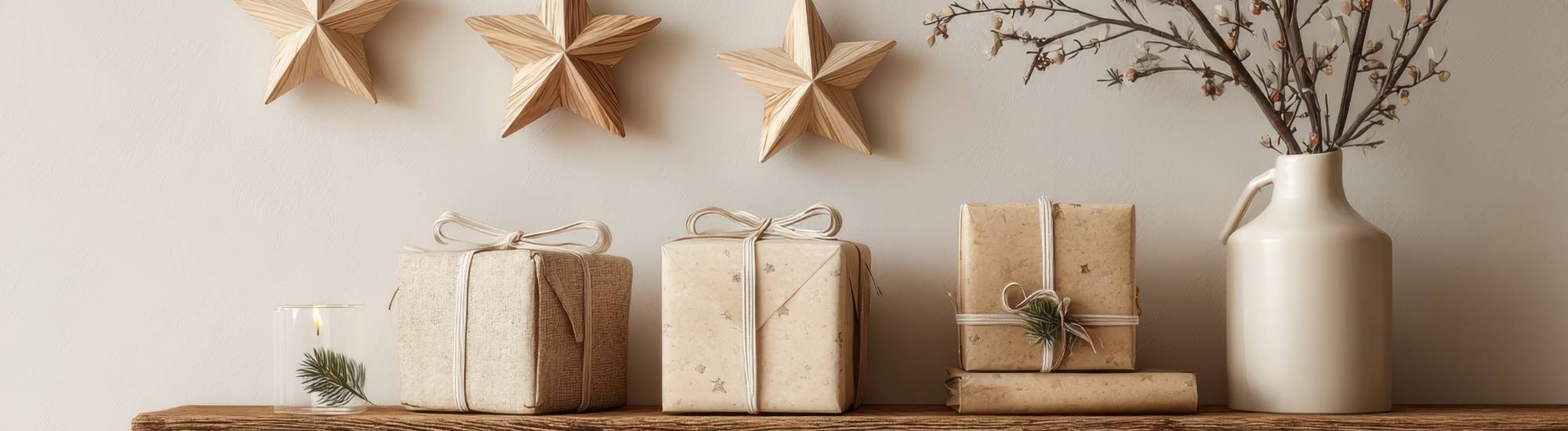 Décor de Noël naturel avec grandes étoiles beige, paquets cadeaux assortis et vase beige sur étagère en bois foncé