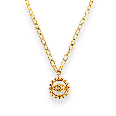 collier oeil acier inoxydable dore mis en valeur fond blanc deva