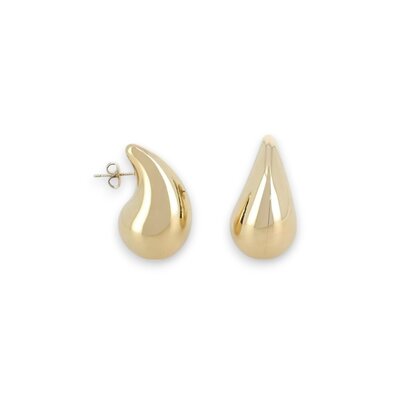 boucles d oreilles forme gouttes d eau en acier dore lumineuses et mises en valeur sur fond blanc amaya