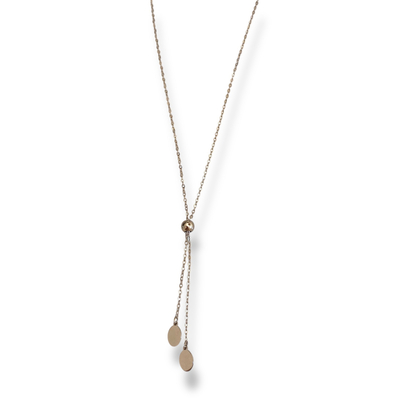 collier en y acier inoxydable avec perle a coulisser et pampilles plates expose fond blanc nola