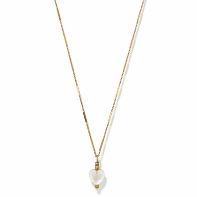 collier coeur nacre en acier inoxydable dore avec adorable petit pendentif en resine nacree et chaine alternee plate expose fond blanc faustine