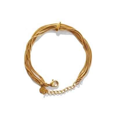 bracelet femme multirang noa dore avec 7 chaines en maille serpent avec un anneau fixe au milieu expose sur fond blanc