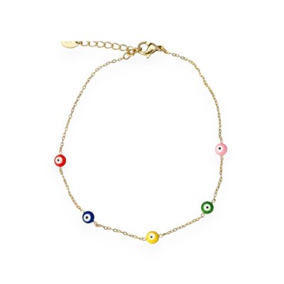 chaine pied oeil turc avec perles en émail colorées exposée sur fond blanc Clarisse