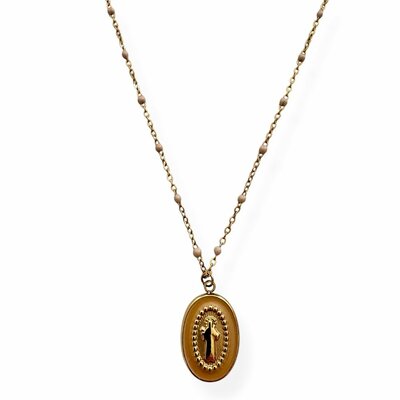 collier Vierge Marie doré avec chaine ornée de petites perles émaillées beige