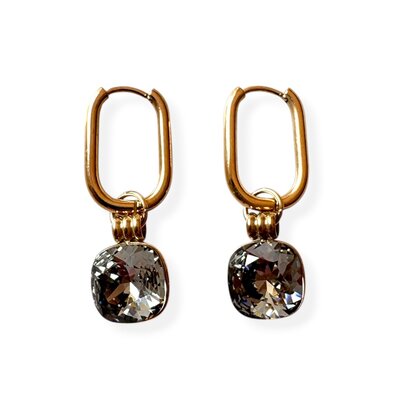 boucles d'oreilles Cassandre en acier doré avec cristal noir facetté