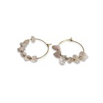 boucles d oreilles quartz rose avec creole doree et sept petites pierres exposees fond blanc lea